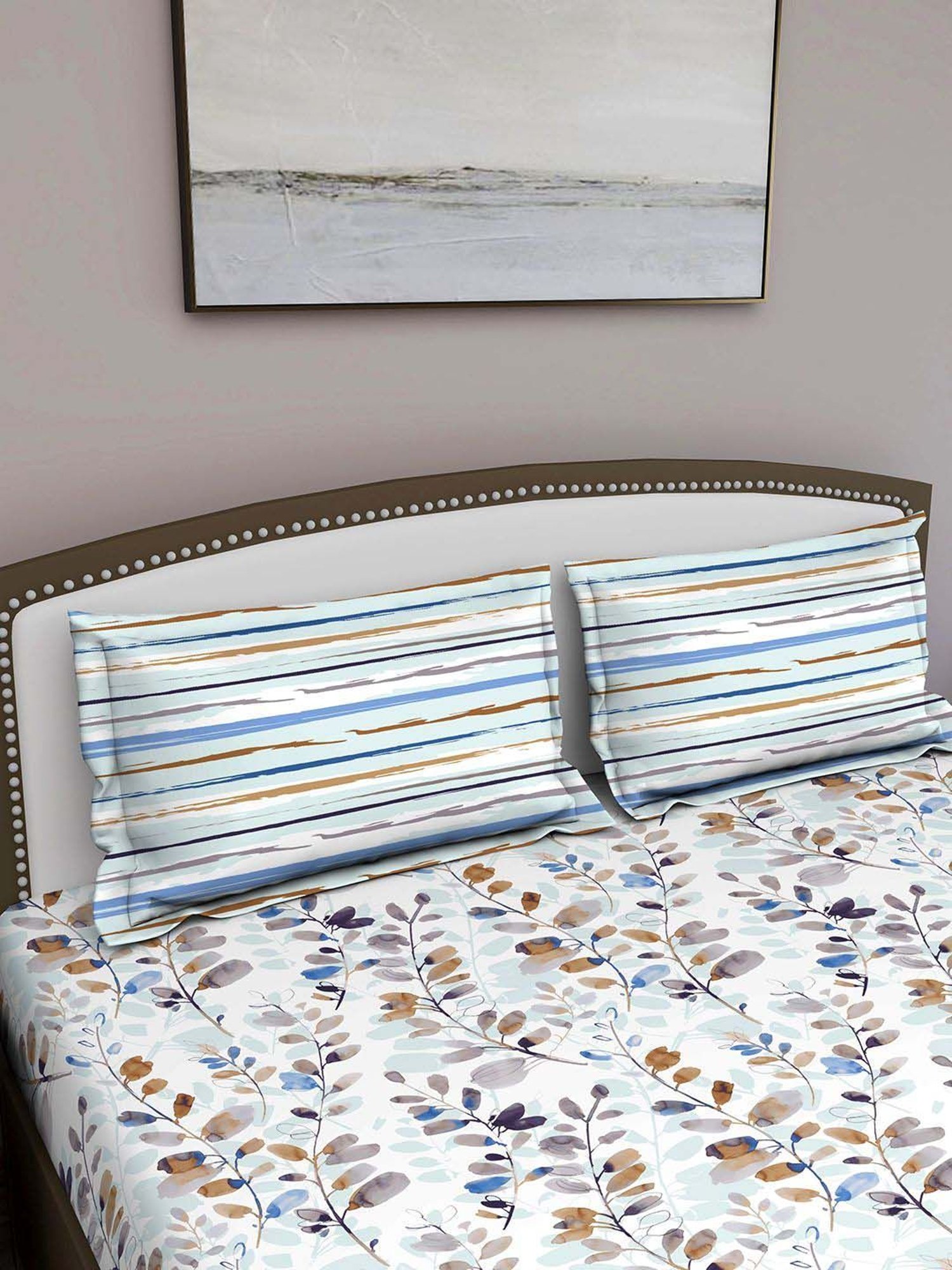 GM Blue & Grey Cotton 140 TC Queen Size Bedsheet With 2 Pillow Cover