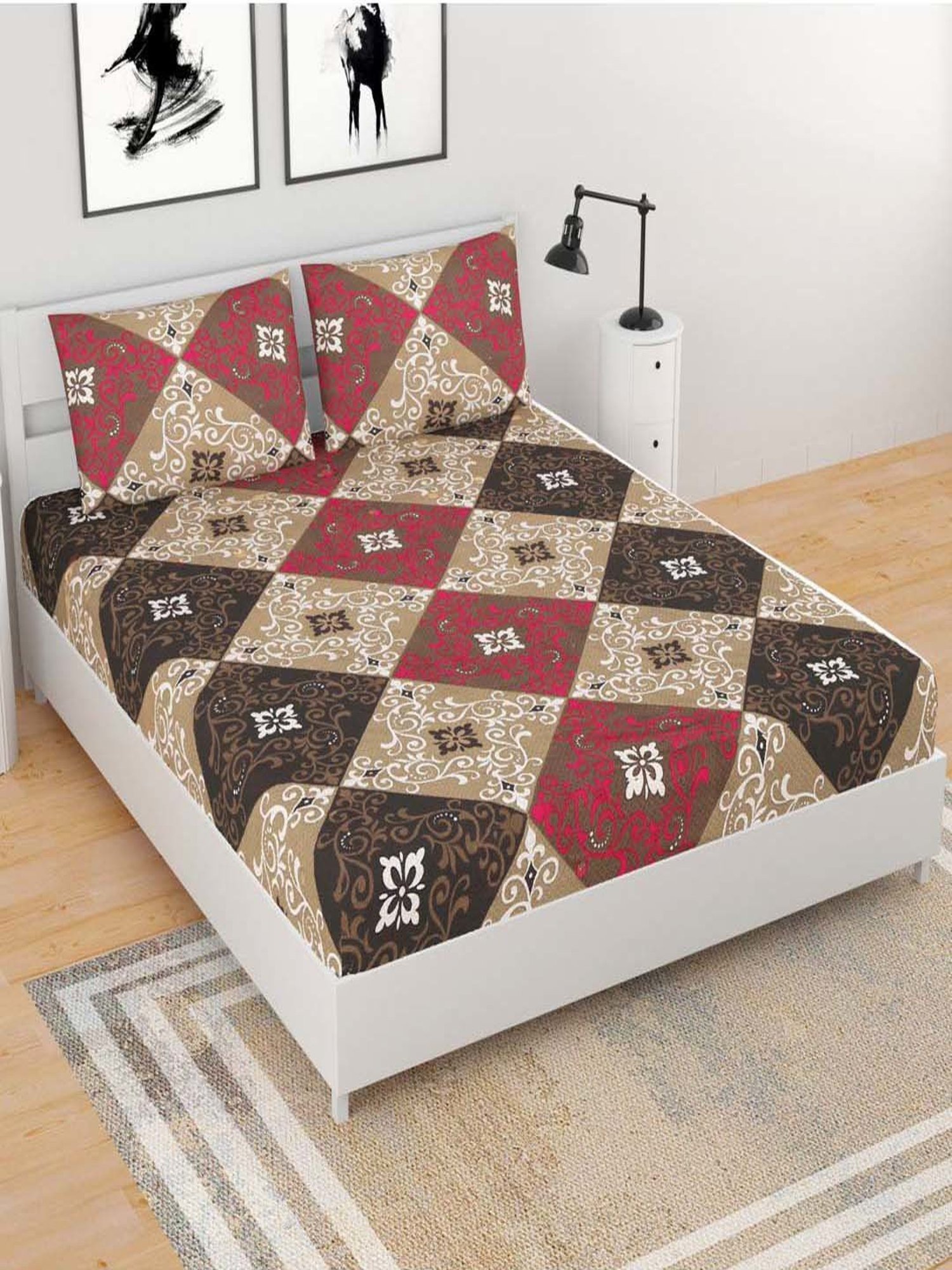 BELLA CASA Classic Multicolor Microfibre 210 TC Queen Bedsheet with 2 Pillow Covers