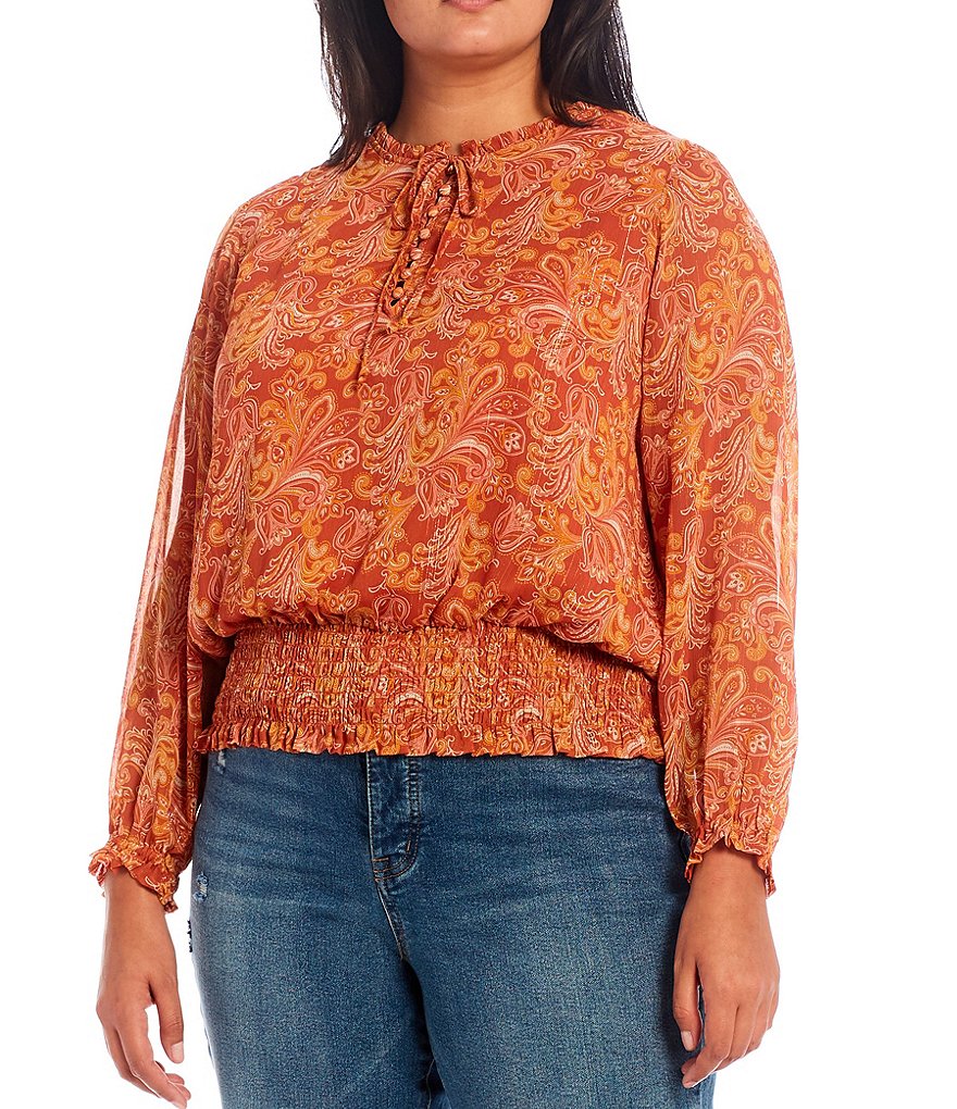 Jessica Simpson Plus Size Emery Drawstring Banded Collar Neck Long Blouson Sleeve Smocked Hem Blouse