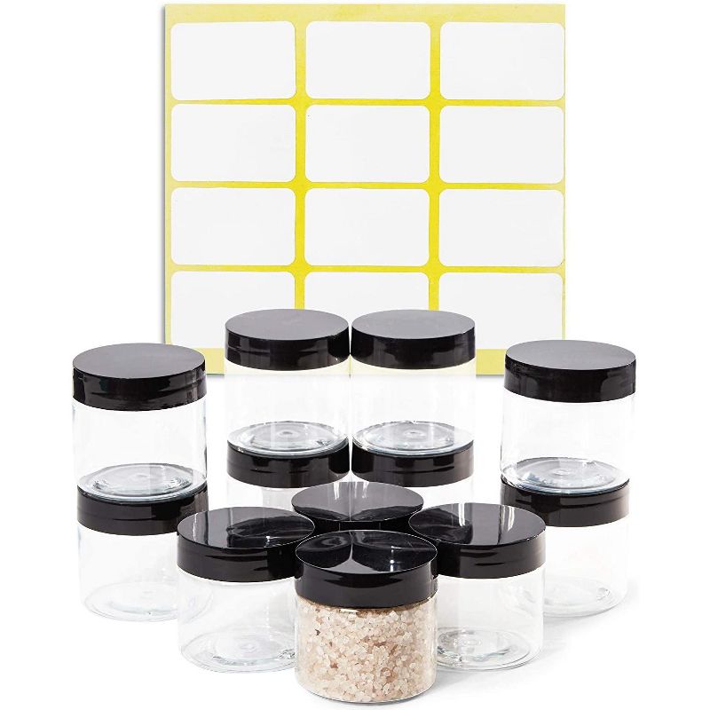 Juvale 12 Pack Clear Round Plastic Jars with Black Lids, 2oz Empty Food Storage Containers with Label Stickers