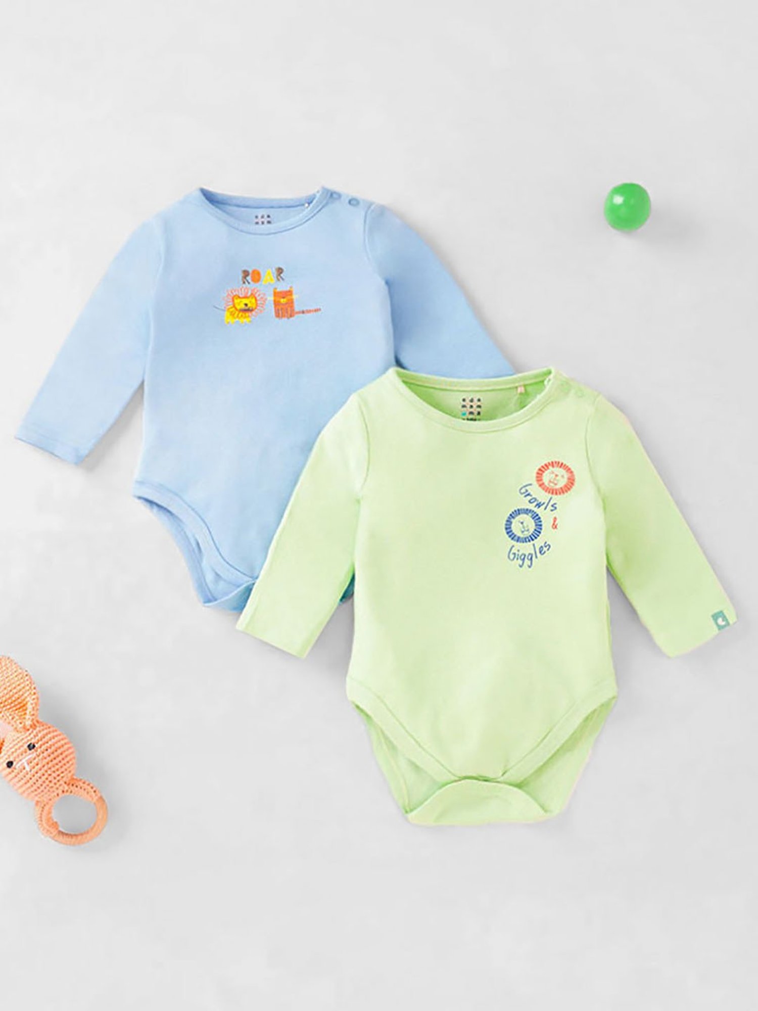 Ed-a-Mamma Baby Green & Blue Solid Full Sleeves Bodysuit (Pack Of 2)