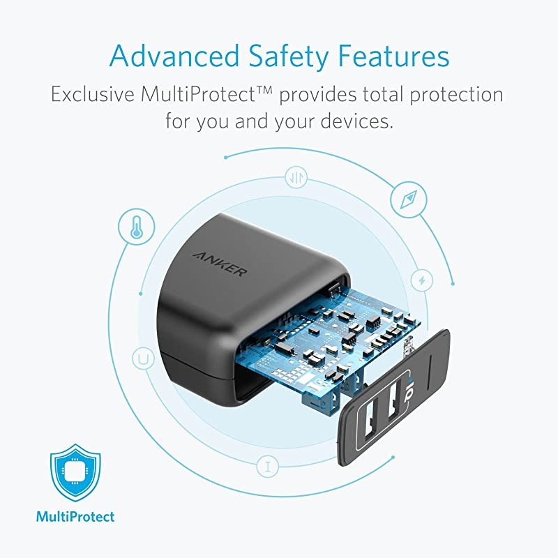 Elite USB Charger Dual Port 24W Wall Charger PowerPort 2 with PowerIQ and Foldable Plug for Iphone XSMaxXRX876Plus Ipad and more