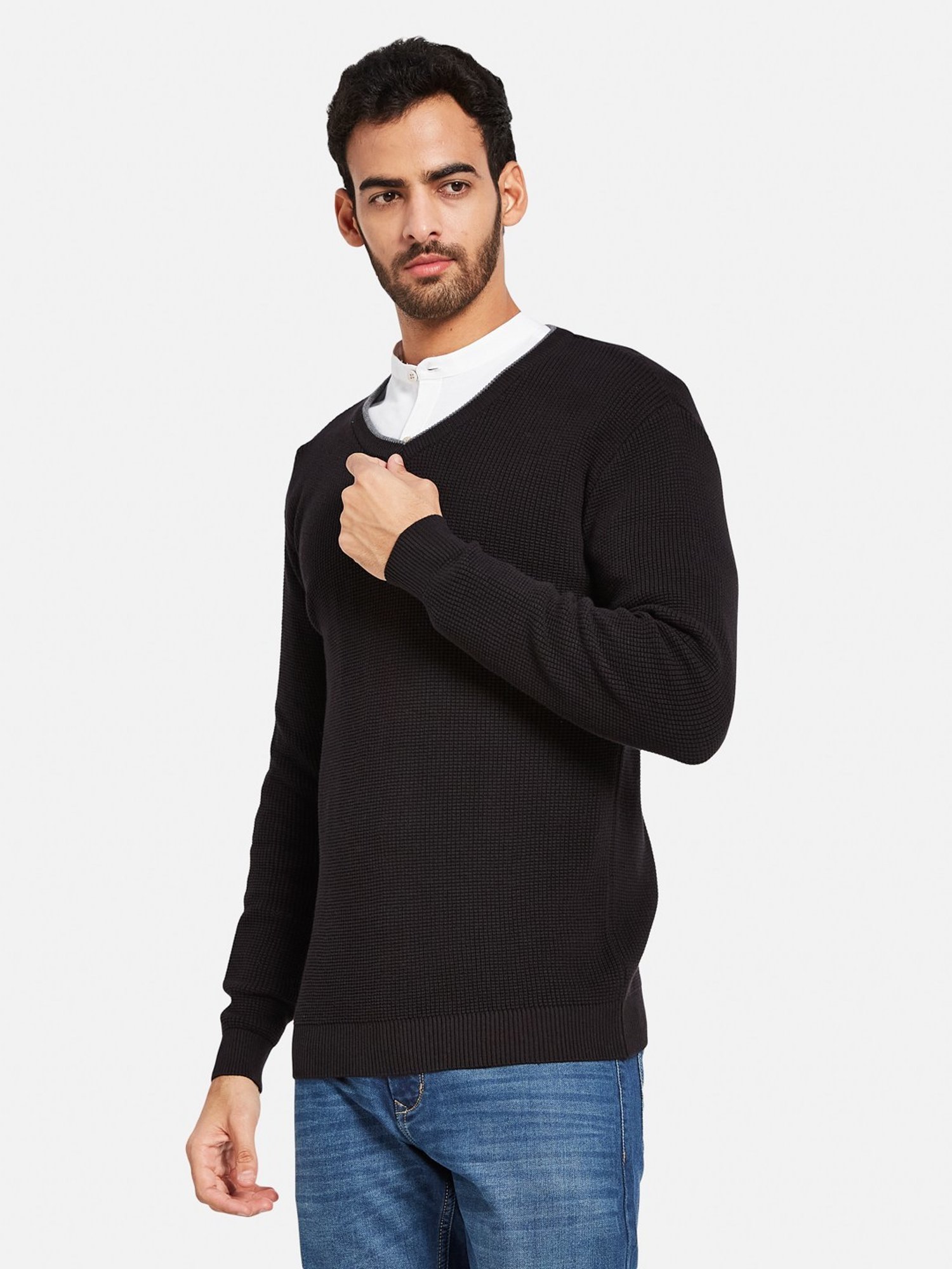 METTLE Black Cotton Regular Fit Sweater