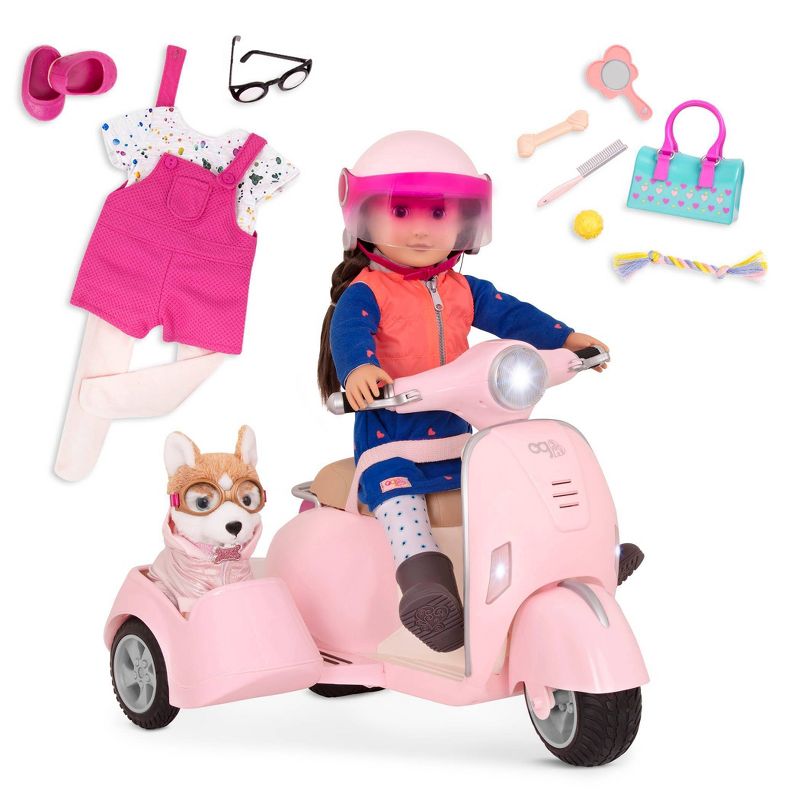 Our Generation 18" Doll Leslie with Plush Pet Husky, Pink Scooter, Outfit, and Accessories