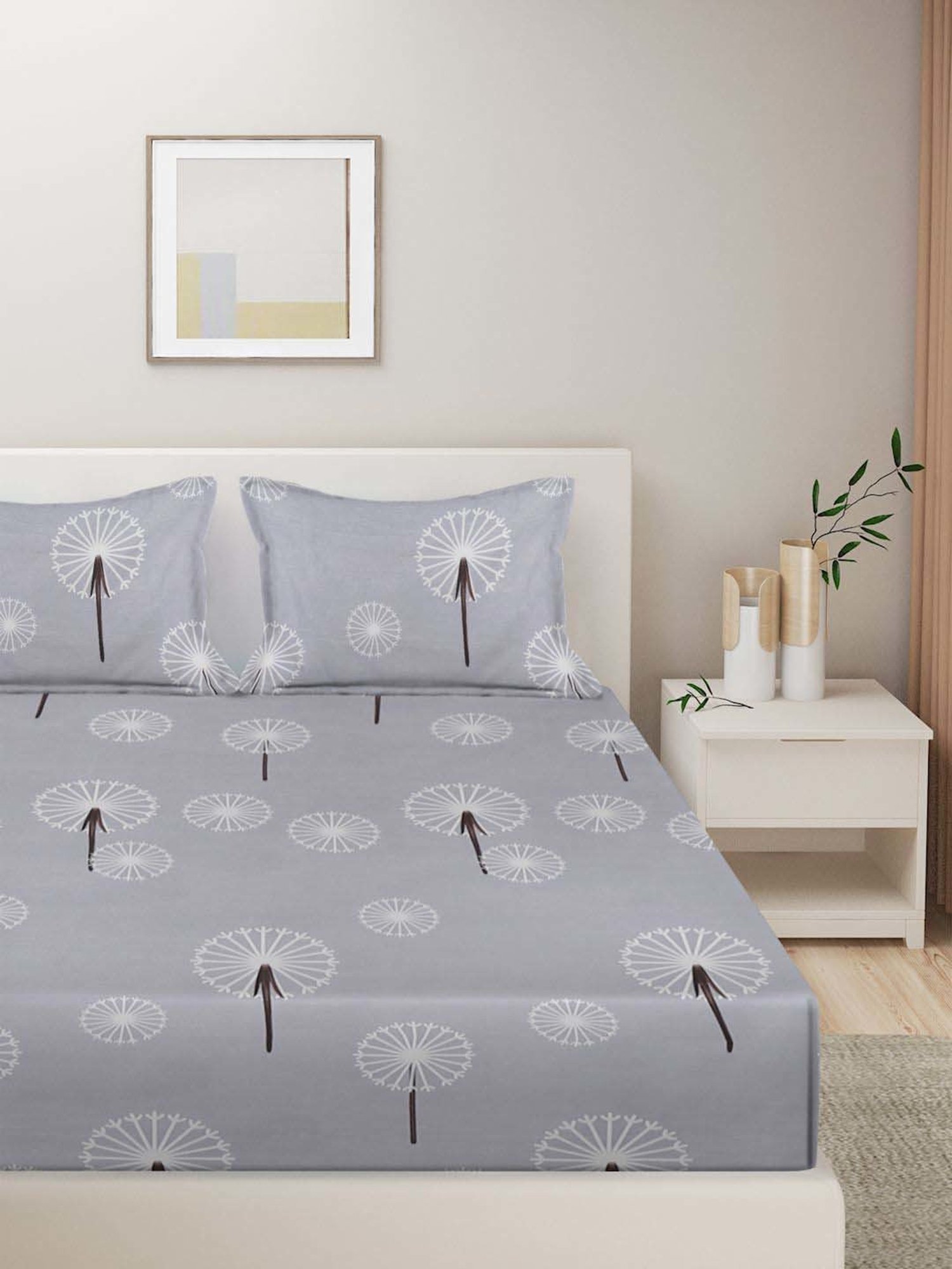 HOSTA HOMES Grey Cotton 280 TC King Bedsheet with 2 Pillow Covers