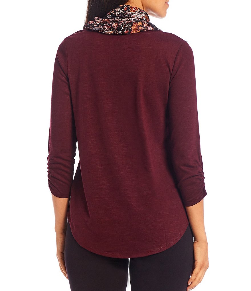 I.N. Studio Petite Size Hacci Knit 3/4 Ruched Sleeve Round Neck Paisley Print Scarf Top