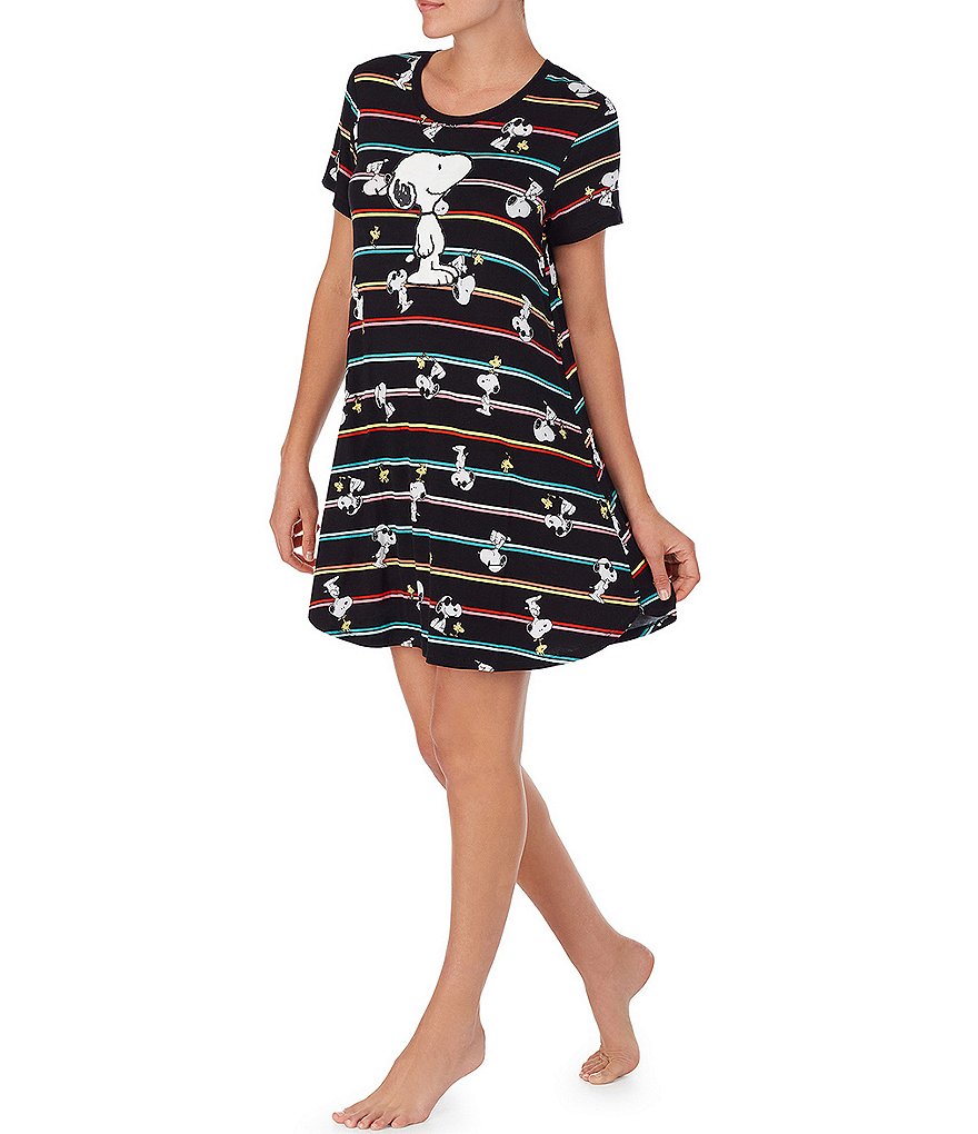 Peanuts Striped Toss Snoopy and Woodstock Print Knit Sleepshirt