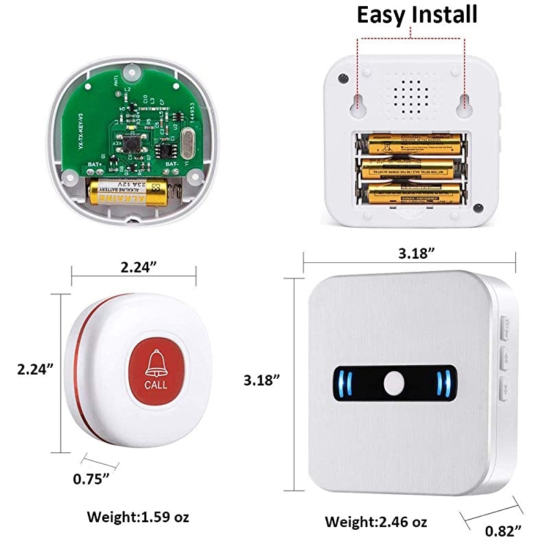 Wireless Portable Caregiver Pager/Emergency Call Button Bell/Panic Alarm System/Personal Calling Alert Help/Safety Alarm for Elderly Senior Patient Home 1 Receiver+2Call Button