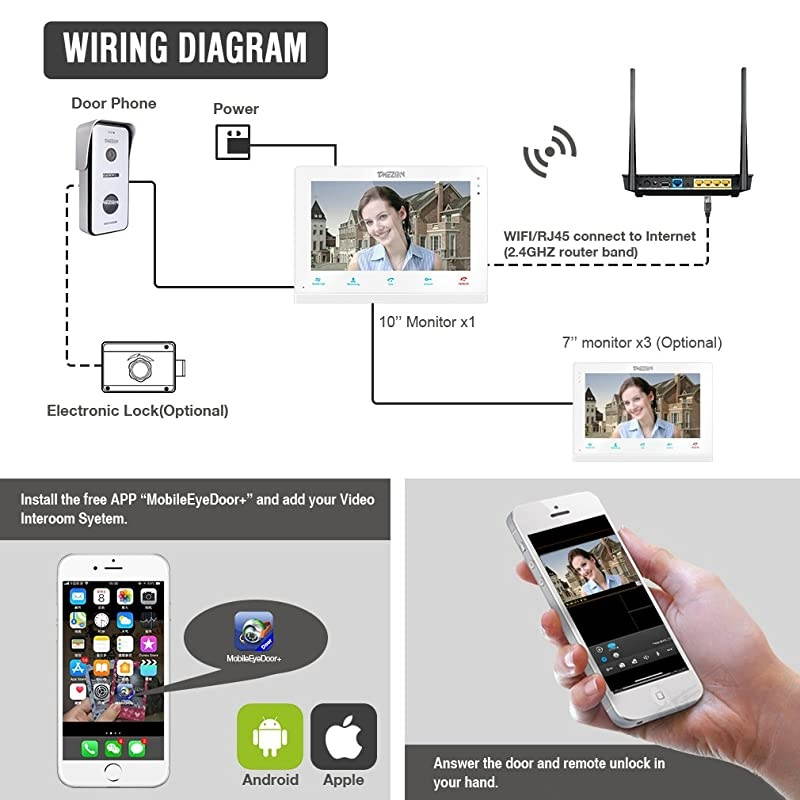 10 Inch Wireless/Wired Wifi IP Video Doorphone Intercom Doorbell Entry System with 2x720P AHD Wired Camera Night Vision,Remote unlocking,Talking,Recording,Snapshot