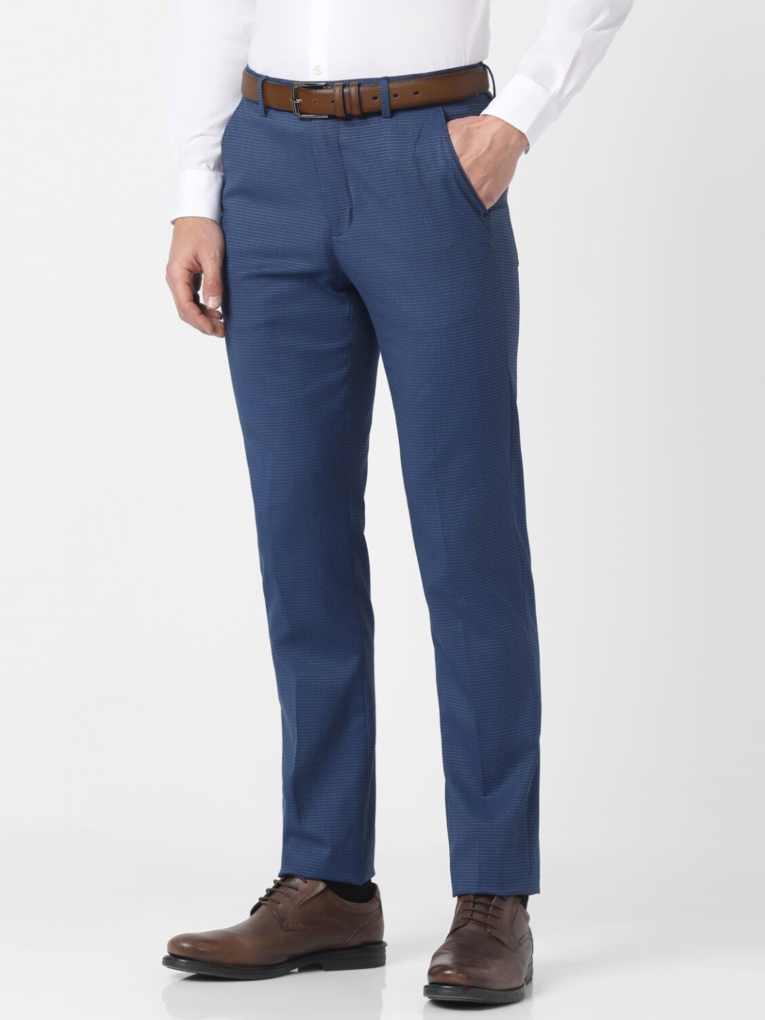 Peter England Blue Slim Fit Checks Trousers