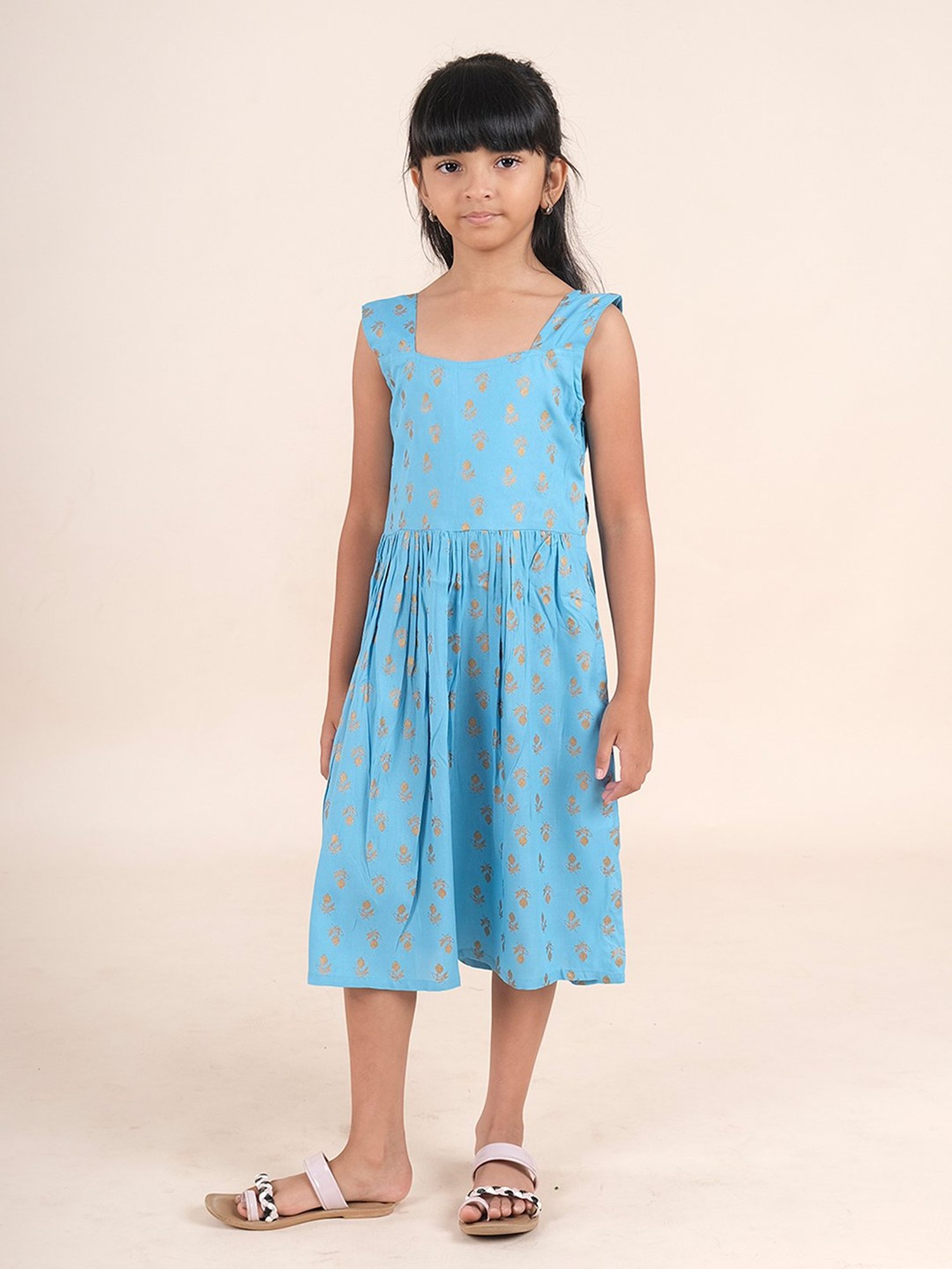 Kiddopanti Girls Blue Printed Dress