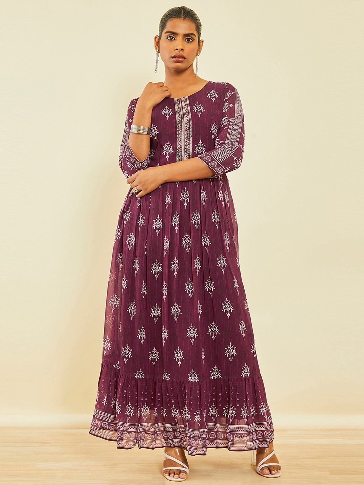 Soch Magenta Georgette Botanical Print Dress with Cutdana Work Yoke