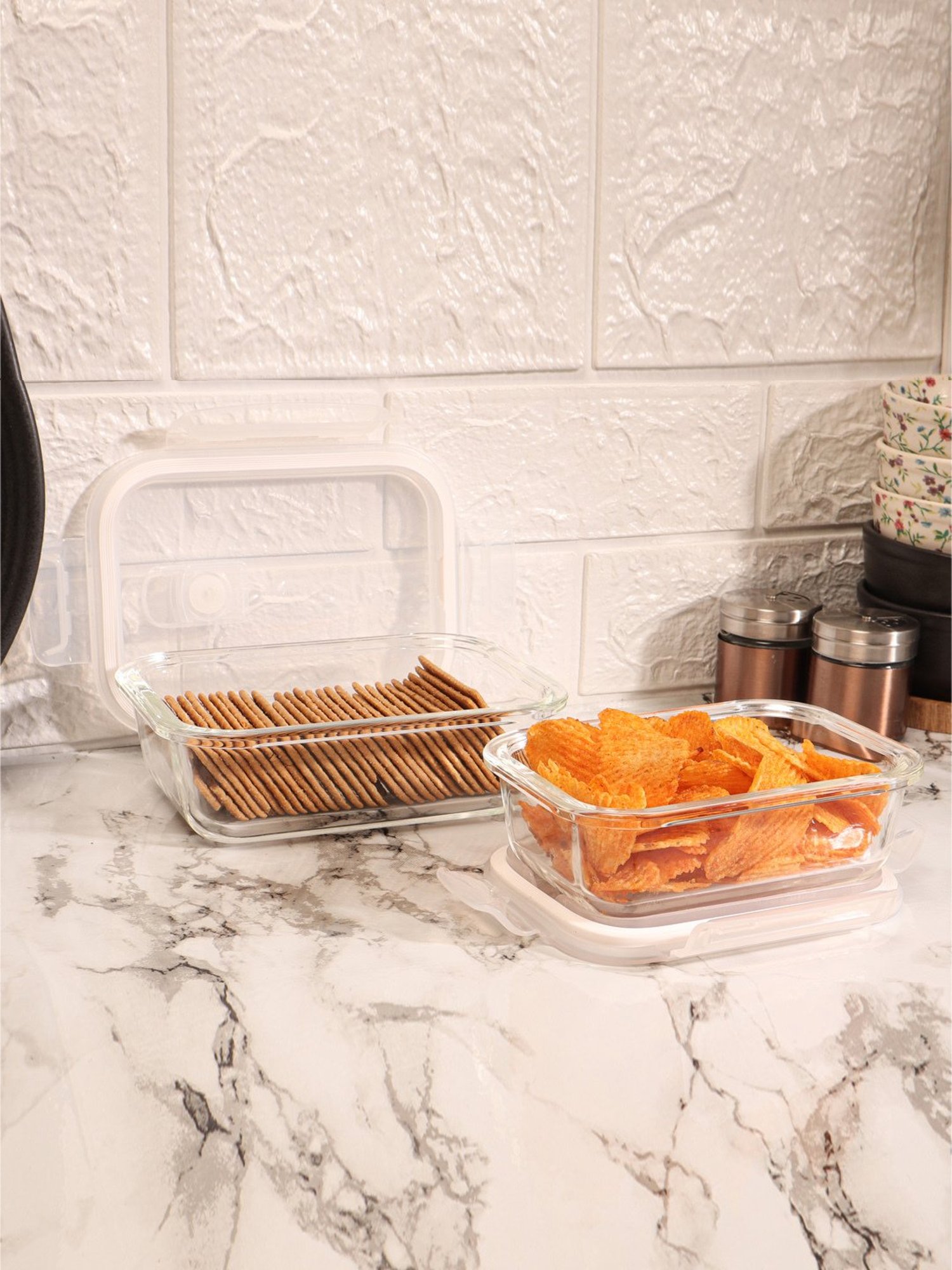 Femora Borosilicate Rectangle Glass Food Storage Container with Air Vent Lid-400ml,620ml(Set of 2)