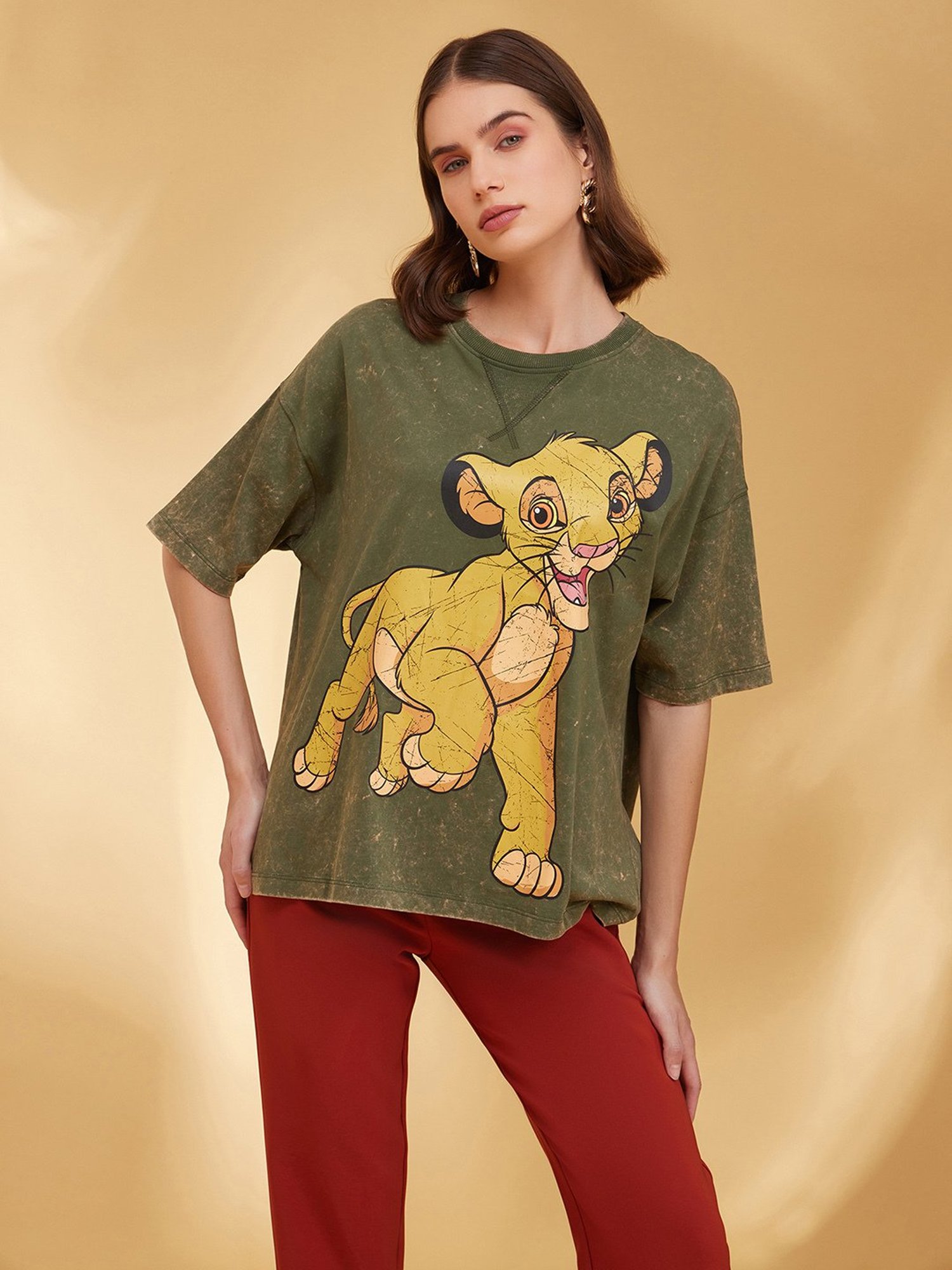 Kazo Olive Cotton Printed Oversized T-Shirt