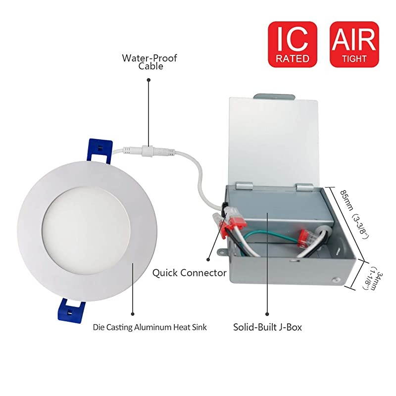 LED Recessed Low Profile Slim Panel Light with Junction Box Air Tight 4 inch 9W 550 Lumens 3000K Warm White CRI80+ Dimmable cETLus Listed Energy Star Certified 1 Pack