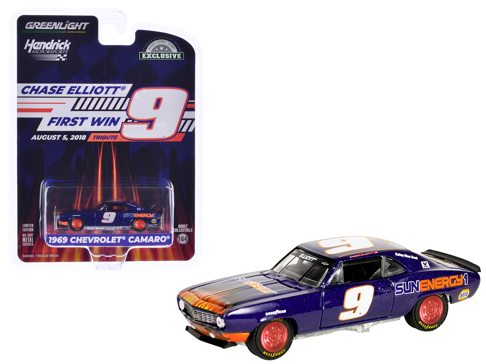 1969 Chevrolet Camaro #9 "Chase Elliott - Hendrick Motorsports First Win Tribute" Purple Metallic with Flames "Hobby Exclusive" Series 1/64 Diecast Model Car by Greenlight