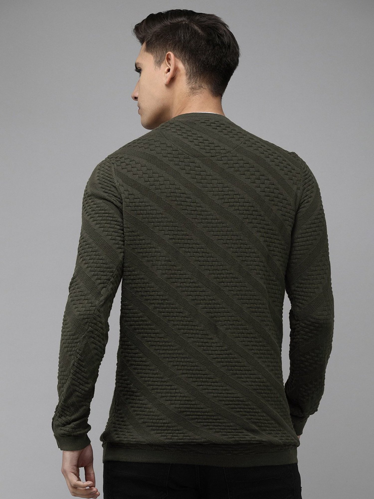 The Bear House Dark Green Slim Fit Self Design Sweater