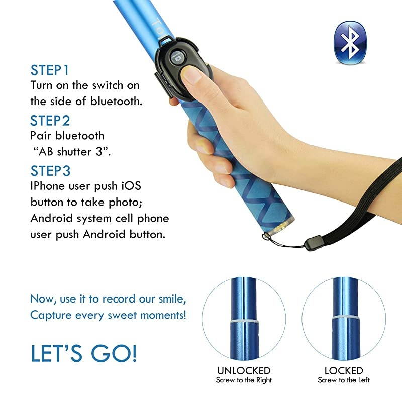 Long Selfie Stick Super Length Lightweight Extendable Pole from 20 to 118 Builtin Wireless Remote Shutter Grip Holder Mount Compatible iPhone Samsung Android Cell PhoneBlue