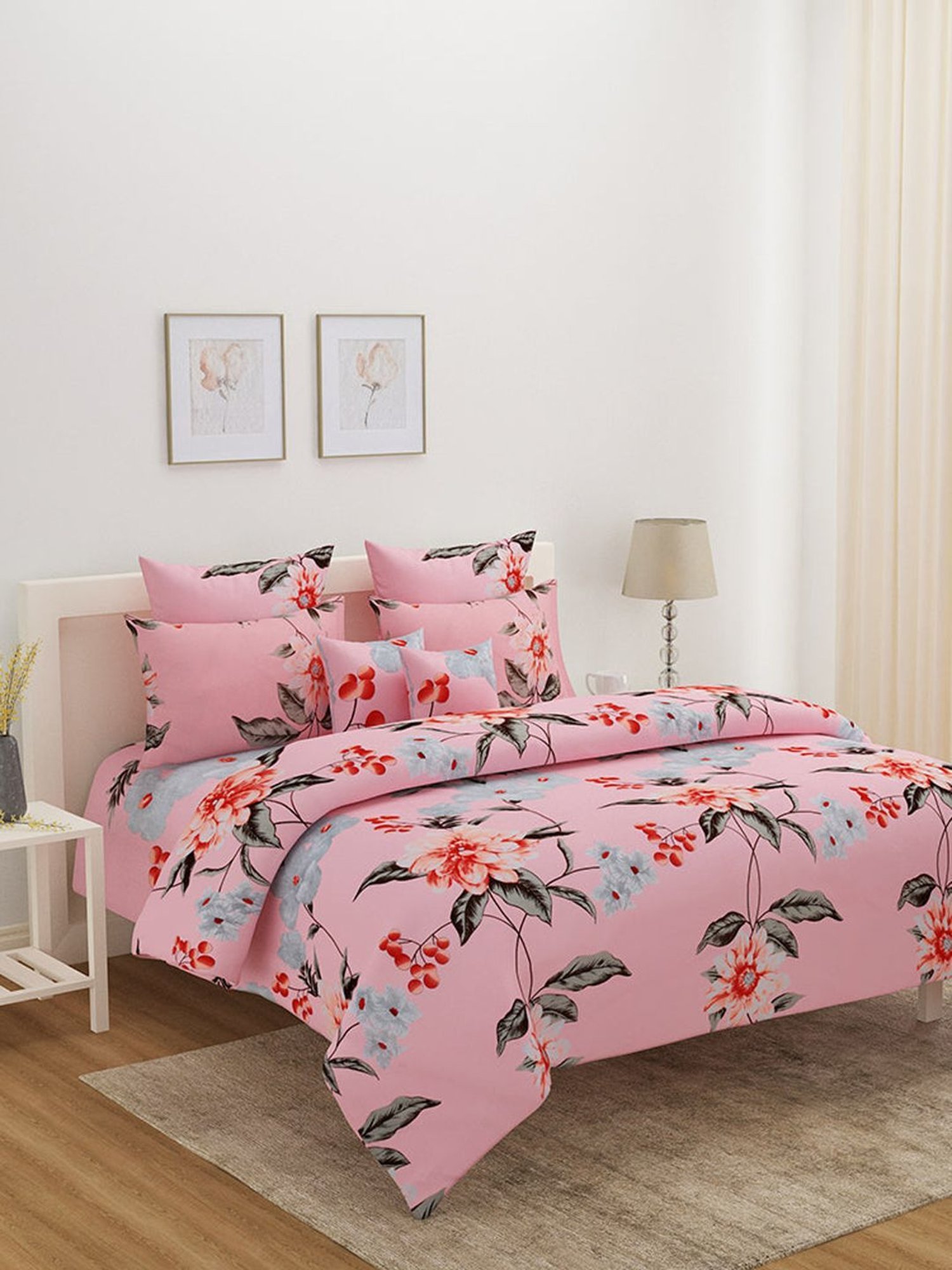 @home Utopia Bloom Floral Pink 110 GSM Cotton Blend Double Bed Sheet with 2 Pillow Covers