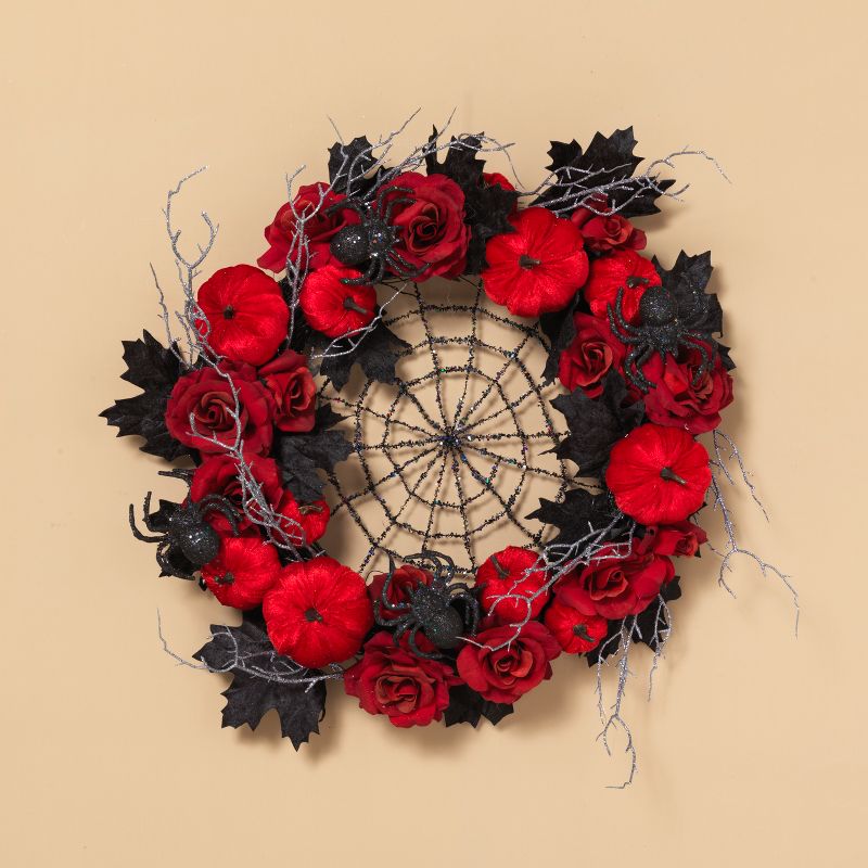 Gerson International 24-Inch Diameter Halloween Spiderweb Wreath with Roses and Pumpkins