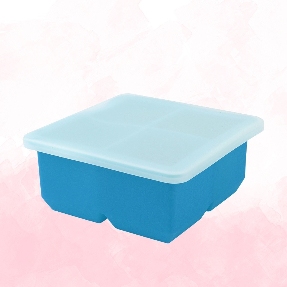 4-Grid Silicone Ice Cube Trays with Lid Creative Food-Grade Silicone Mold for Bars Kitchens Beverage Liquid (Sky Blue)