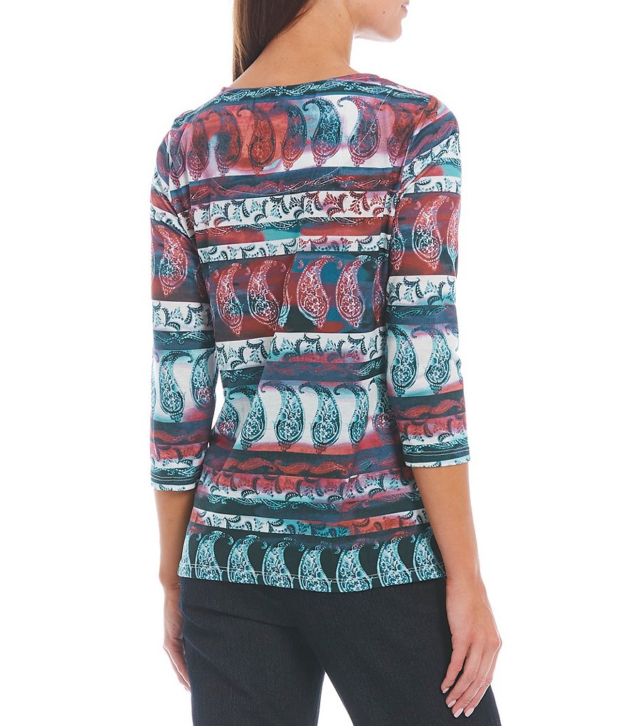 Allison Daley Batik Stripe Knit 3/4 Sleeve Keyhole Round Neck Ring Detail Top