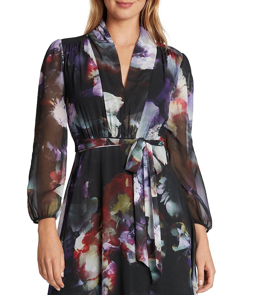 Alex Evenings Illusion Sleeve Embroidered V-Neck A-Line Midi Dress