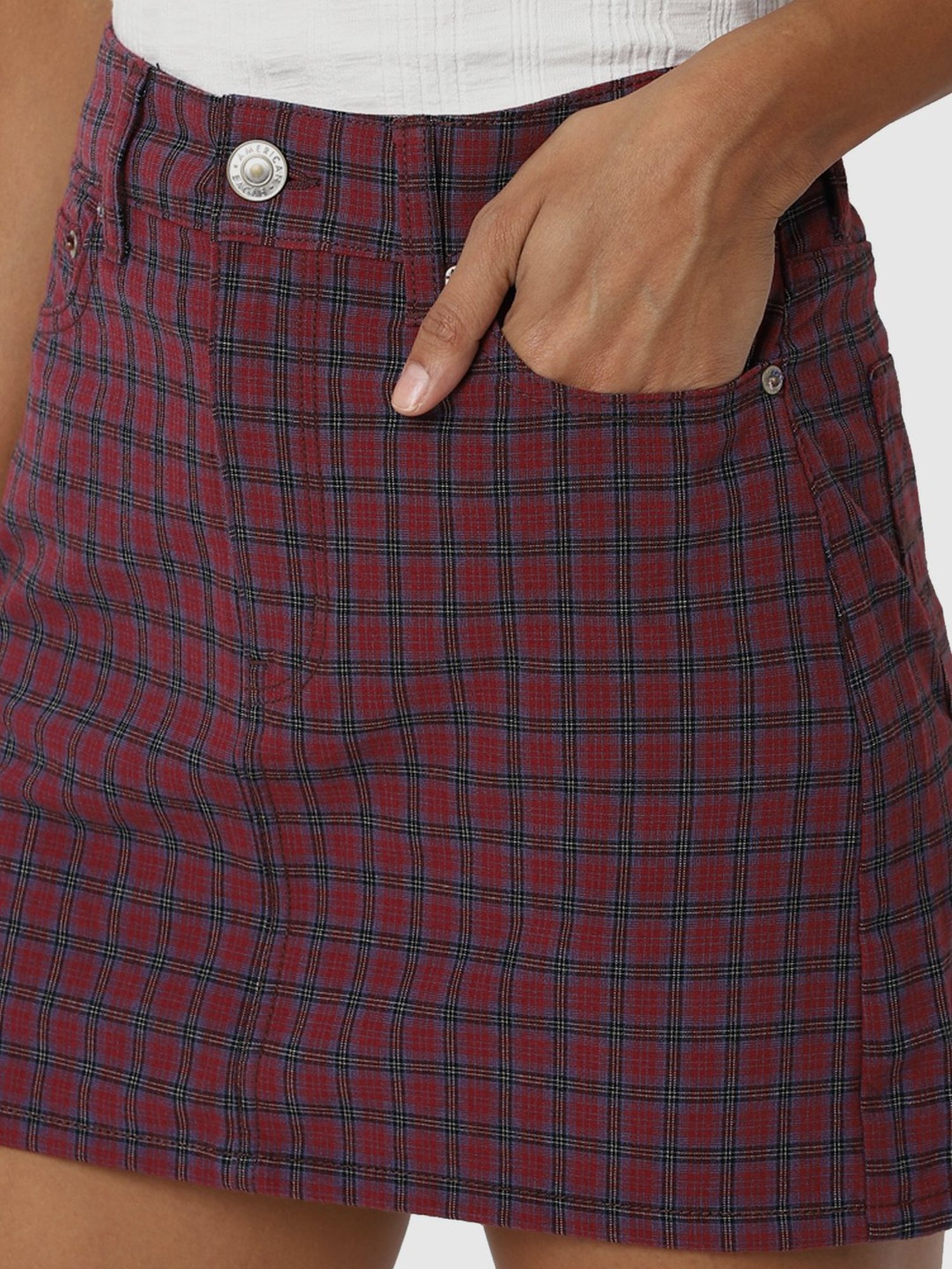 American Eagle Outfitters Maroon Chequered A-Line Skirt