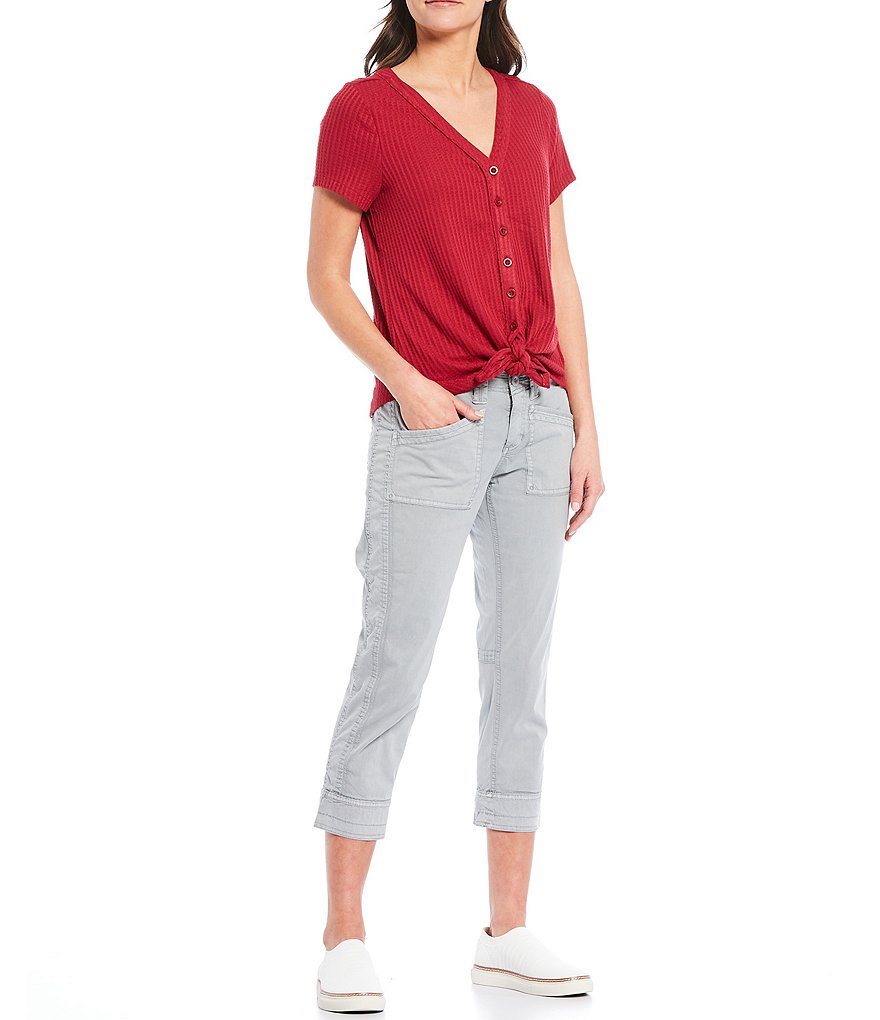 Aventura Ayla V-Neck Short Sleeve Waffle Knit Button-Tie Front Tee