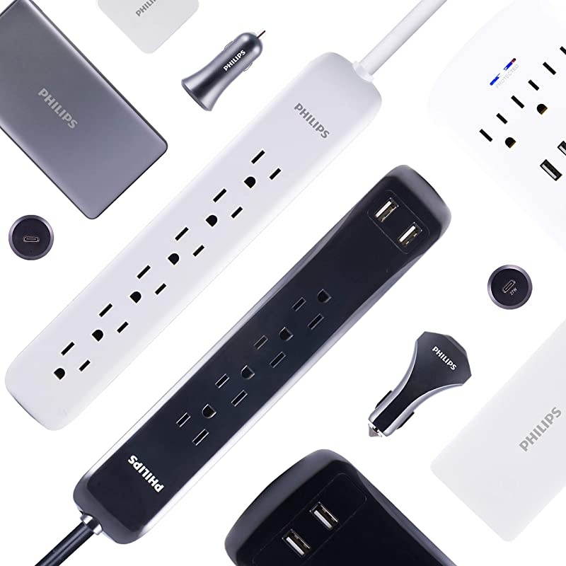 4 Outlet Power Strip Surge Protector 2 USB Charging Ports 3ft Power Cord Flat Plug Wall Mount 450 Joules ETL Listed Black SPP6242BC37