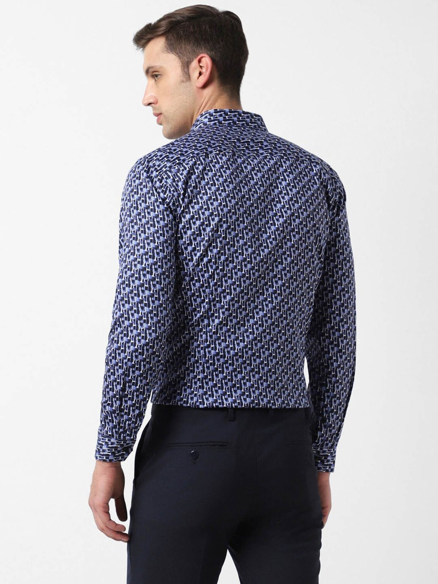 V Dot Mid Blue Slim Fit Printed Shirt