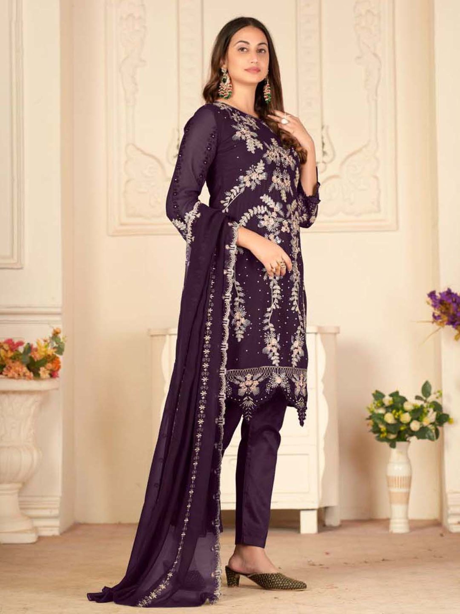 Warthy Ent Purple Embroidered Semi Stitched Dress Material