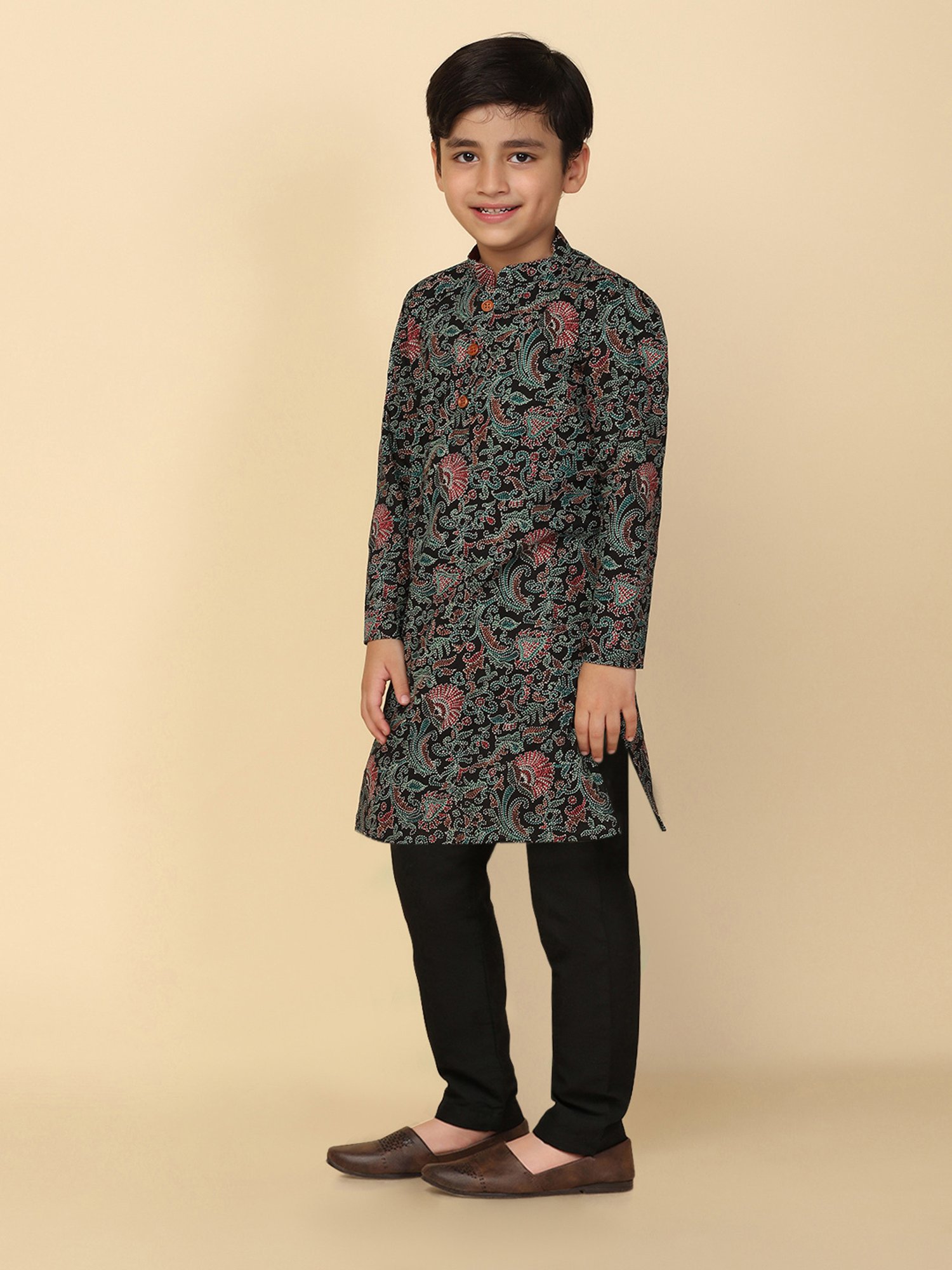 VASTRAMAY Boys Yellow & White Cotton Printed Full Sleeves Kurta Sets