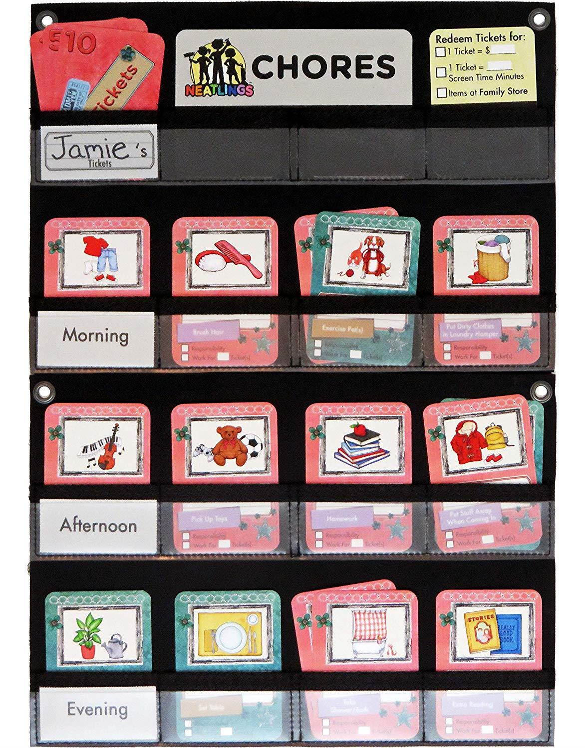 NEATLINGS Chore System - Chore Chart for Kids | 80+ Chores for Toddlers to Teens | Customize for 1 Child | Size 18&rdquo;x12.5&rdquo; | Teal Household Chore Cards/Pink Self-Care Chore Cards