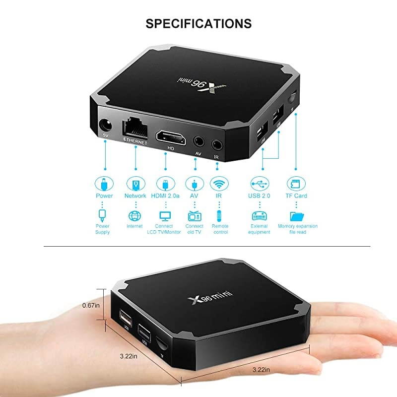 TV Box Media Player, X96 Mini 9.0 TV Box 1GB RAM 8GB ROM, Support 2.4G WiFi 100M Ethernet 3D/4K HD HDR H.265 Box