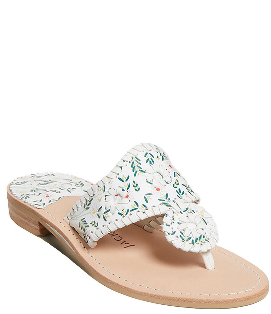 Jack Rogers Jack Daisy Print Leather Whipstitch Detail Thong Sandals