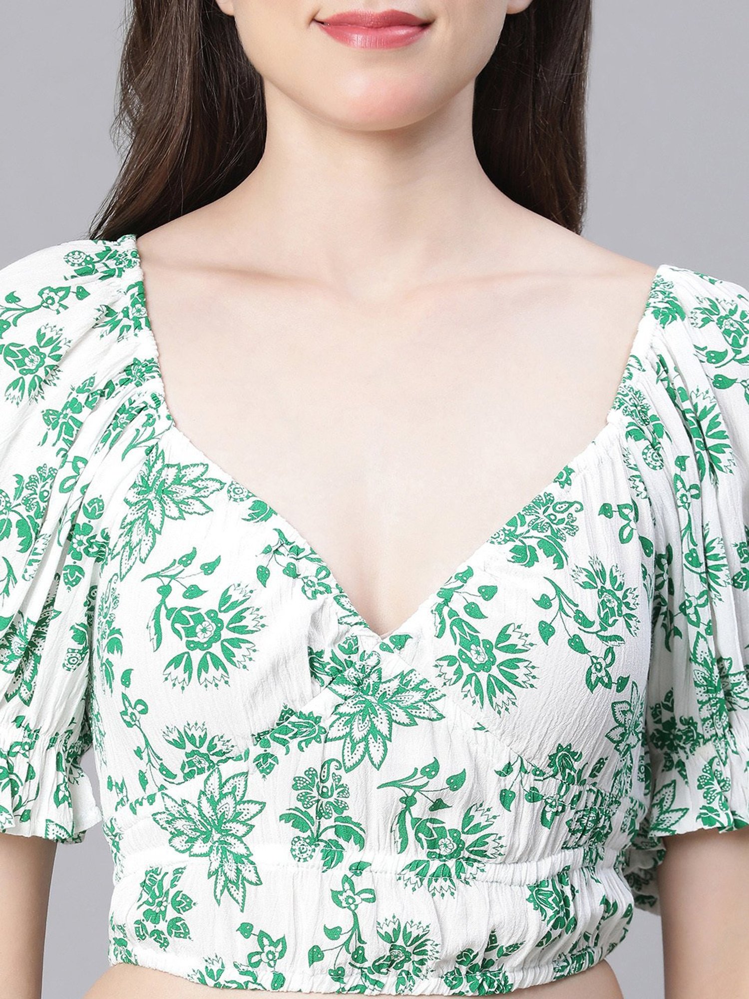 Oxolloxo White & Green Floral Print Crop Top