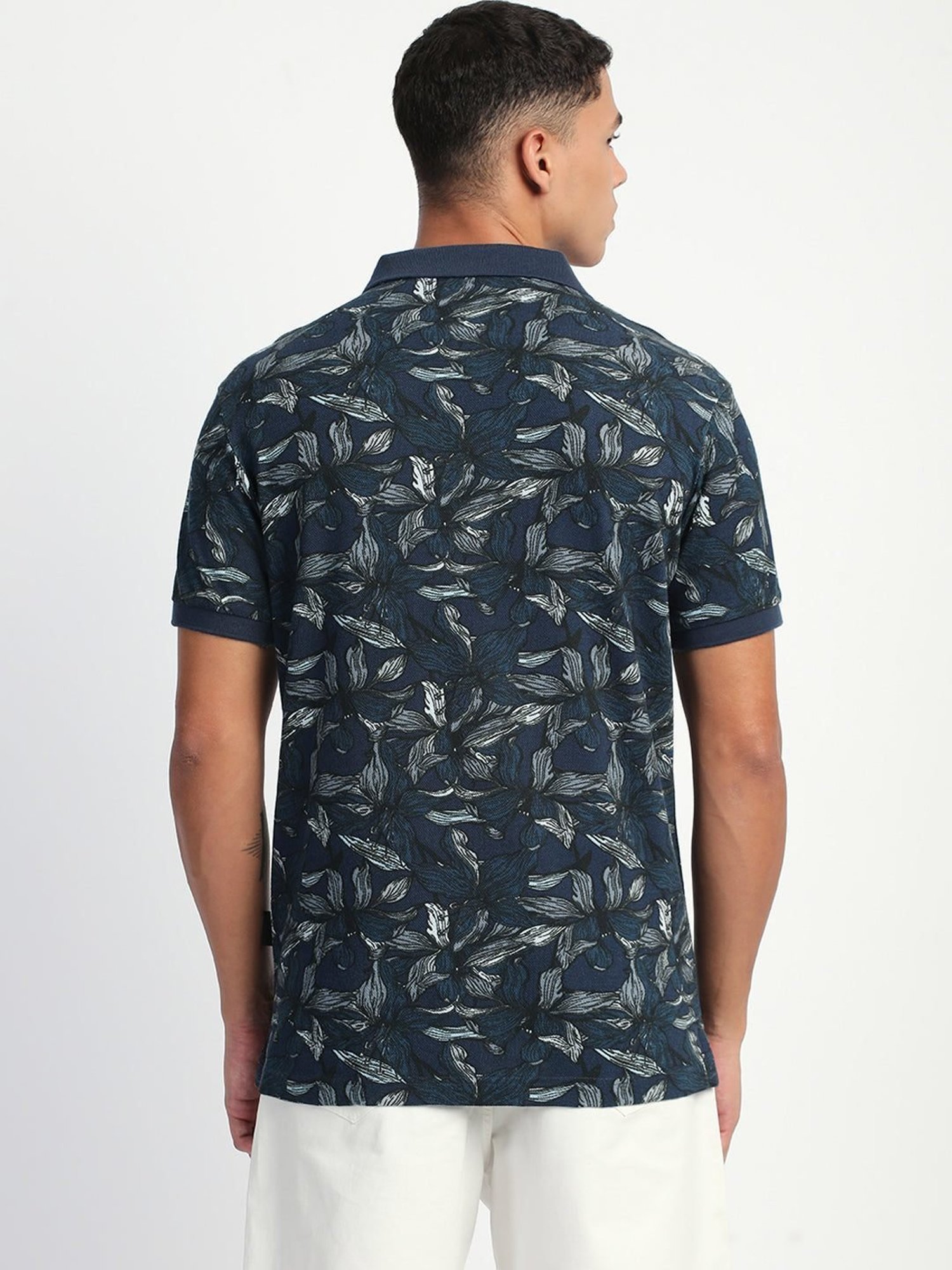 The Bear House Blue Cotton Regular Fit Printed Polo T-Shirt