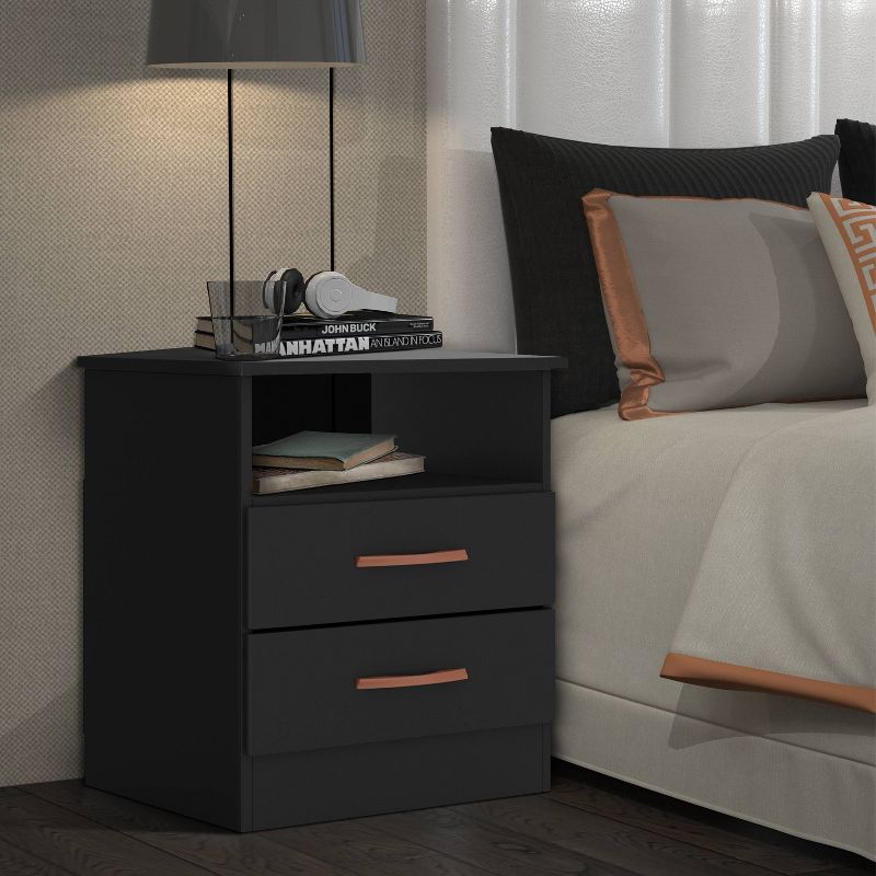 Wooden End Side Table Nightstand with 2 Drawers and 1 Open Compartment Black - The Urban Port