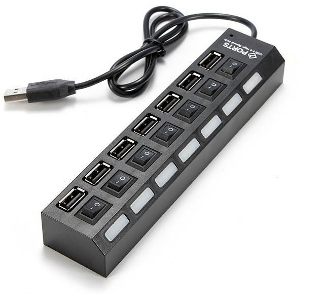 7 Ports LED USB 2.0 Adapter Hub Power on/off Switch - Black