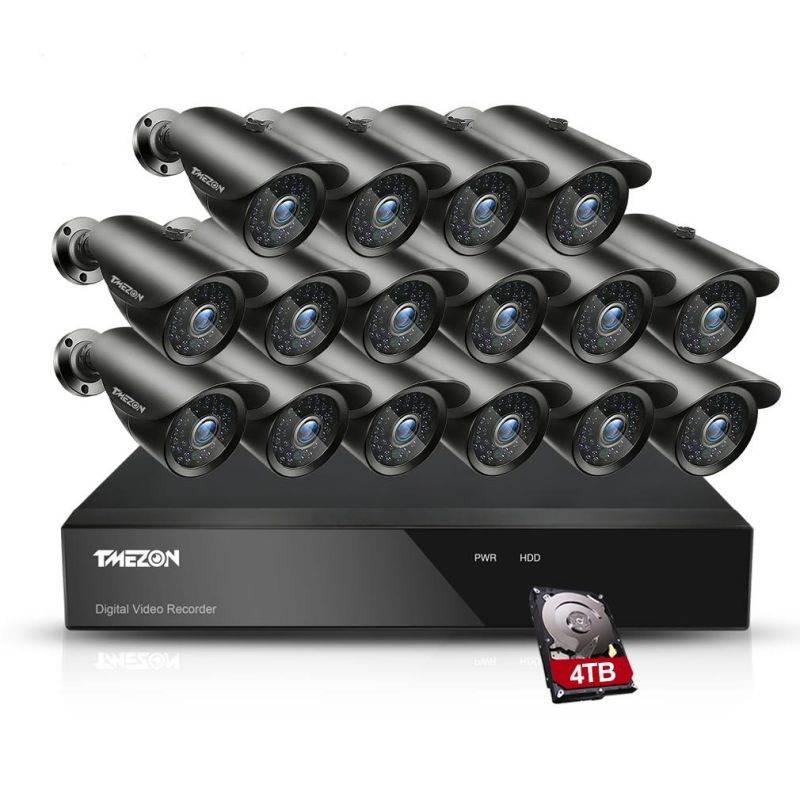TMEZON 1080P CCTV Camera System 16CH 1080N Lite Surveillance DVR Video Recorder, 16x HD 1920TVL 2.0MP  Indoor Outdoor IR Night IP66 Weatherproof Security System with 4TB HDD