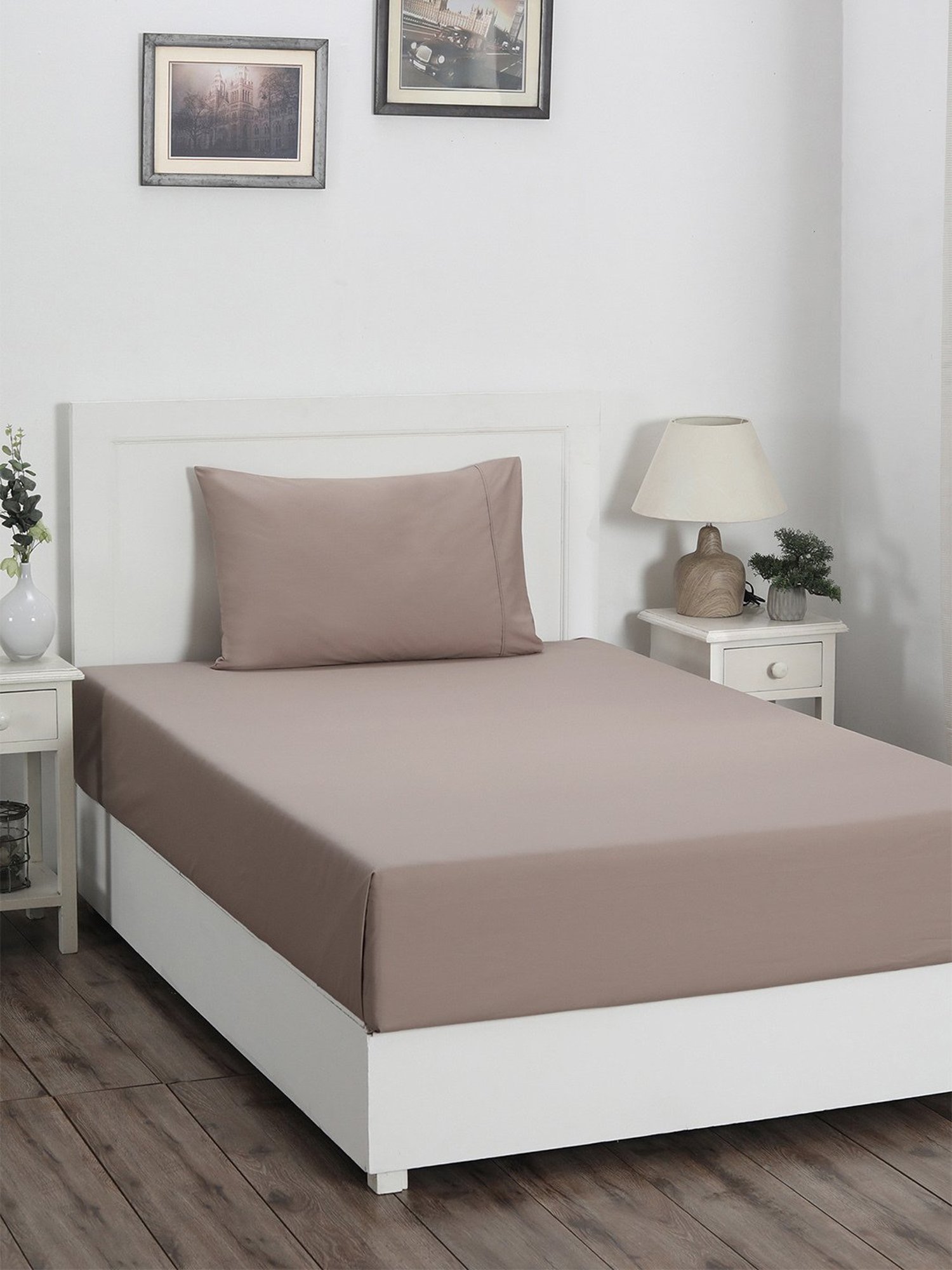 Maspar Colorart Slumber Beige 200 TC Cotton Single Size Bed Sheet with 1 Pillow Cover