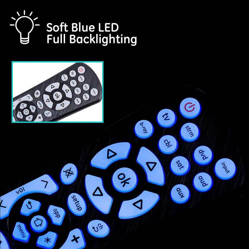 GE Backlit Universal Remote Control for Samsung, Vizio, Lg, Sony, Sharp, Roku, Apple TV, TCL, Panasonic, Smart TVs, Streaming Players, Blu-Ray, DVD, 8 Device Backlit, Black, 41567