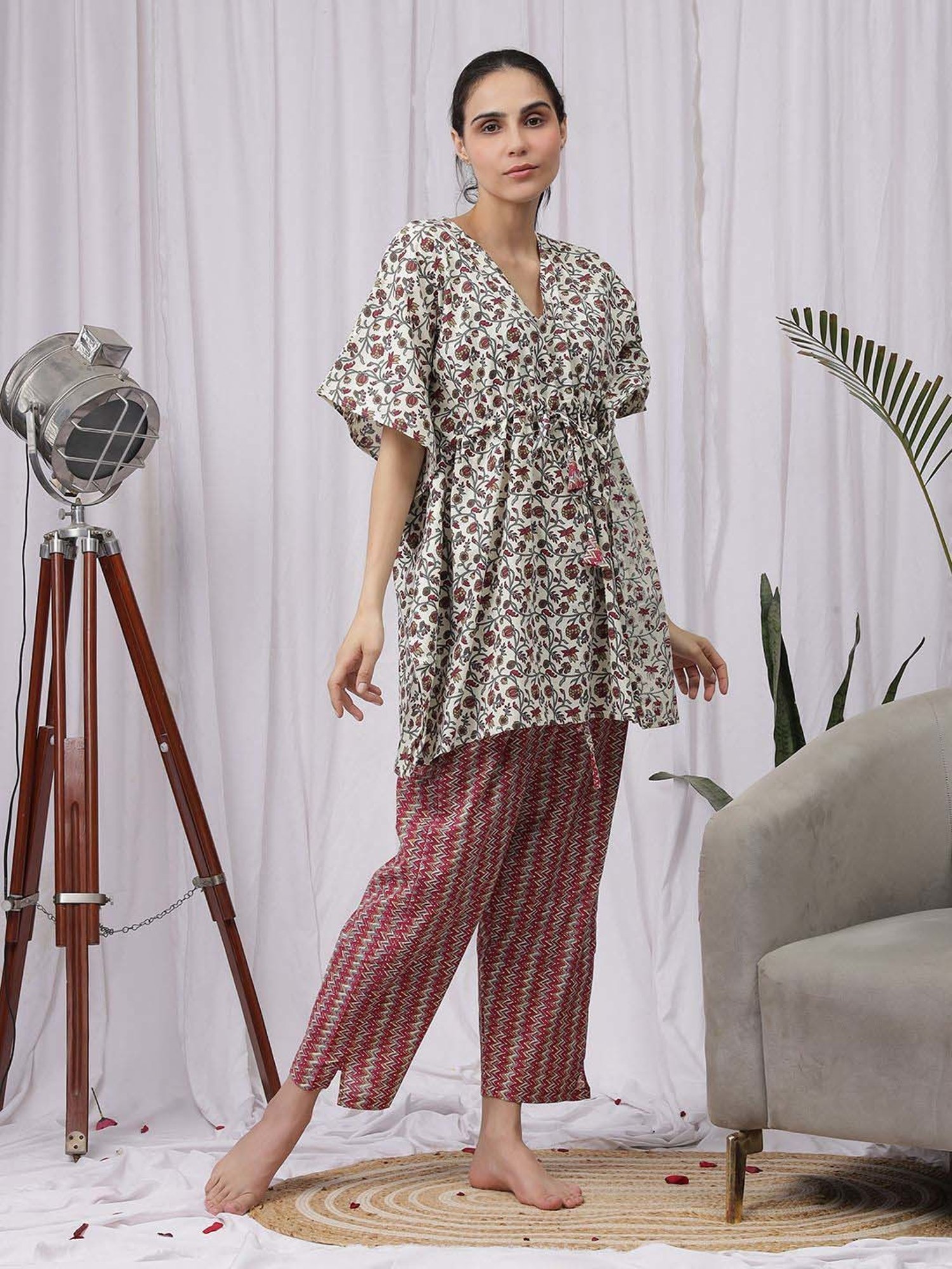 NEUDIS Beige & Maroon Printed Kaftan Pyjamas Set