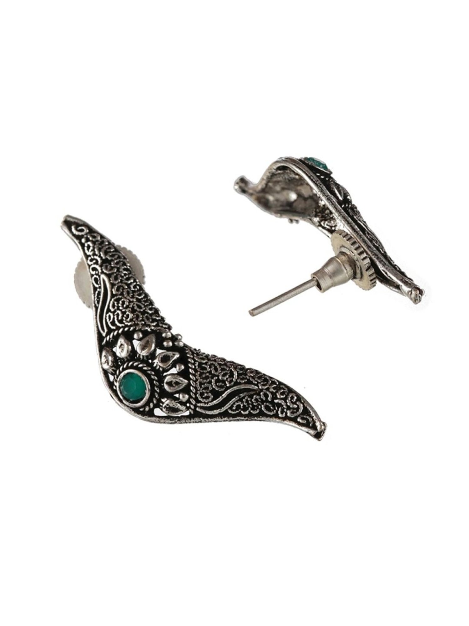 Aatmana Oxidised Silver-Tone Green Stone Studded Filgree Necklace Set for Women