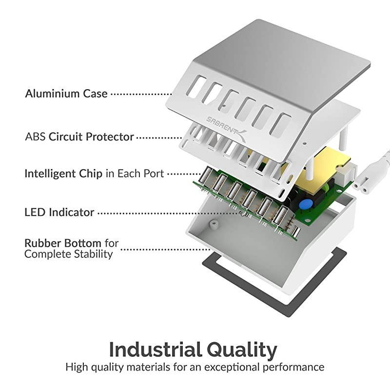 Premium 60 Watt 12 Amp 6Port Aluminum FamilySized Desktop USB Rapid Charger Smart USB Charger with Auto Detect Technology Silver AXFLCH