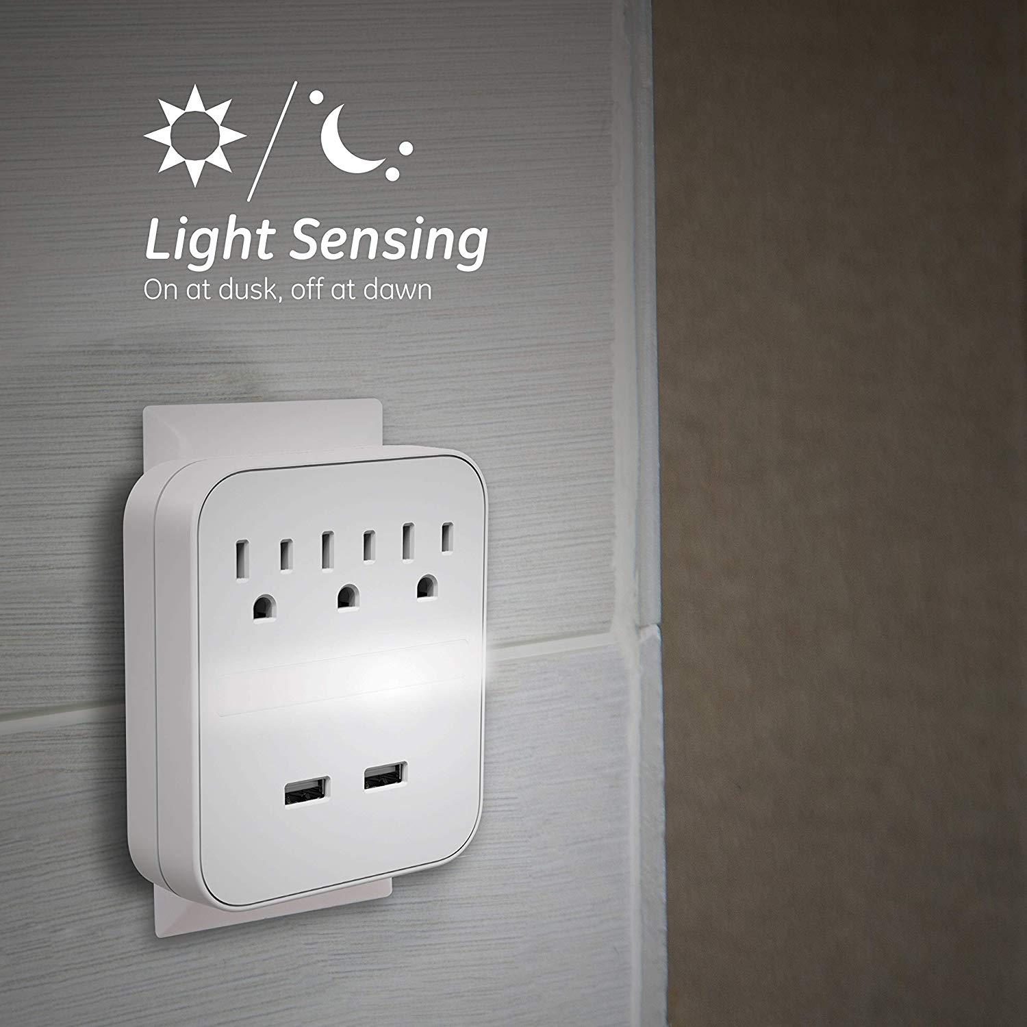 GE Pro USB Charging Surge Protector with Light Sensing Night Light, 3 Outlets, 2 USB Ports, Wall Charger, Dusk to Dawn Sensor, 3 Outlets, 2 USB Ports, 440 Joules, White, 41628
