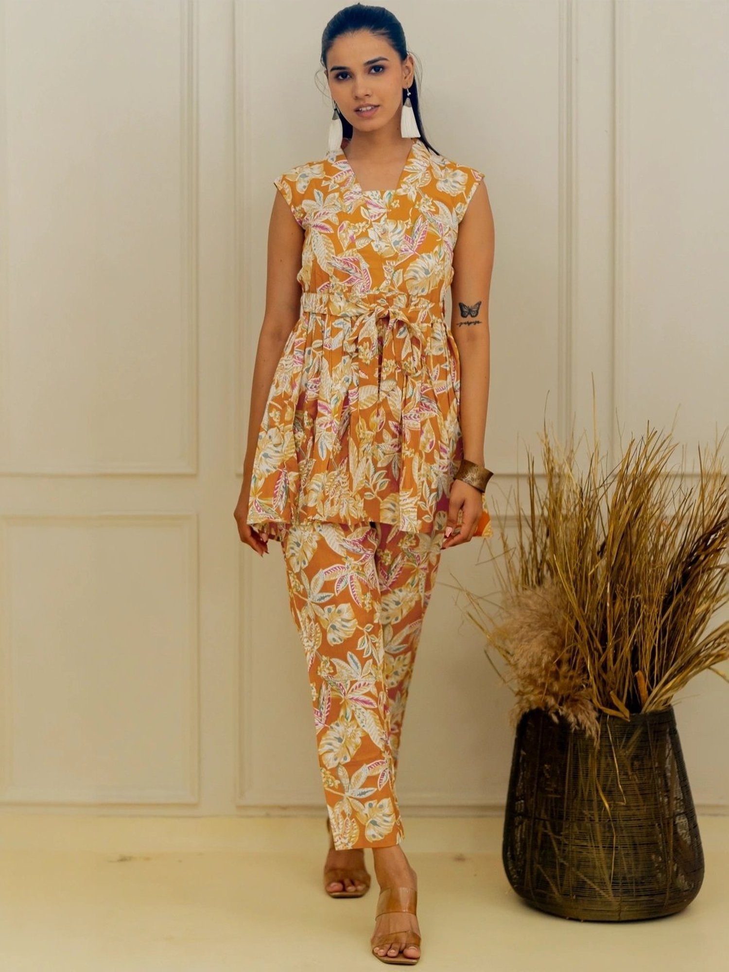 MIRCHI FASHION Mustard Cotton Printed Top Pant Set