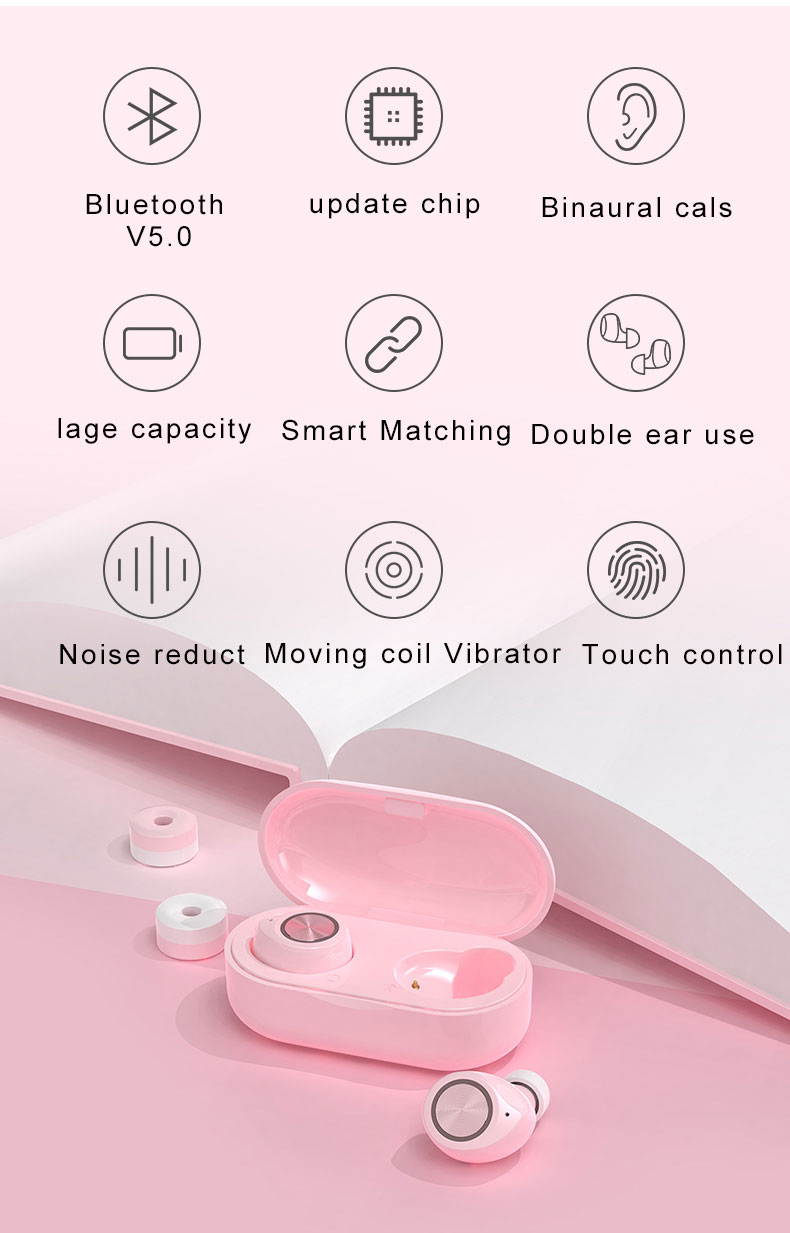 TWS Wireless Bluetooth 5.0 HiFi Stereo Headset TW60 Earbuds Auto on-Off Touch Control Handsfree Built-in HD Mic