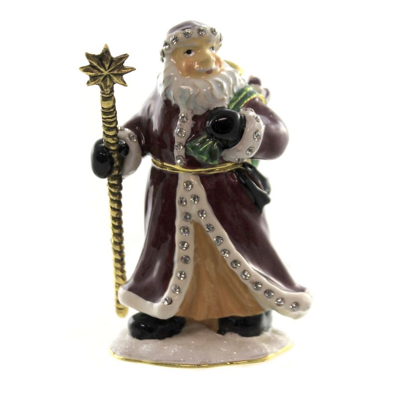 Hinged Trinket Box 3.25" Santa With Gift Bag Crystals Gold Star  -  Decorative Figurines
